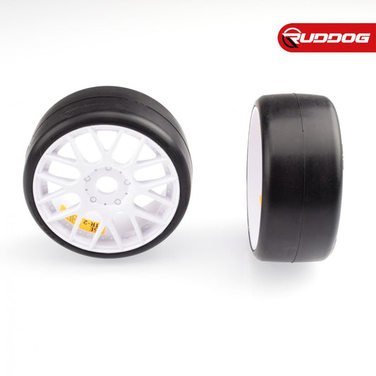 SR-GTR2-55EW16P - Sweep Racing 1:8 GT-R2 Pro compound slick pre-glued tires 55deg with EVO16 White wheels pair (Double stage inserts)