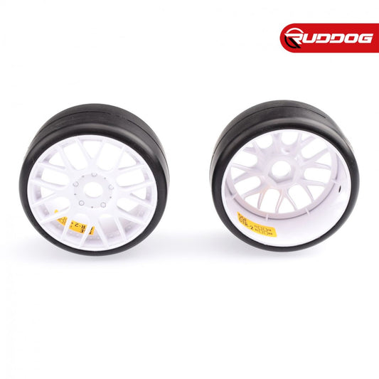 SR-GTR2-55EW16P - Sweep Racing 1:8 GT-R2 Pro compound slick pre-glued tires 55deg with EVO16 White wheels pair (Double stage inserts)